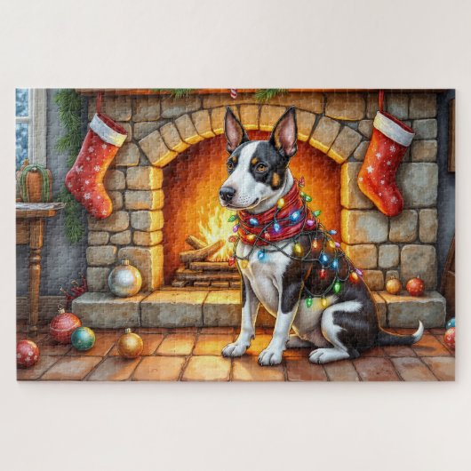 Stierenterriër Haard met Kerstverlichting Legpuzzel (Horizontaal)