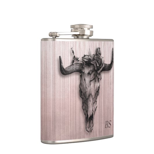 Stierschedel en Roze strepen Roze Gouden monogram Heupfles (Rechts)