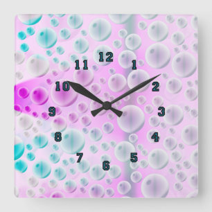 Stijgende bellen (roze en blauw) vierkante klok