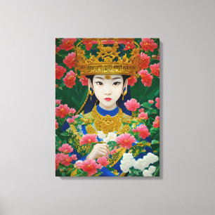  Stijl Abstract Aziatisch meisje met bloemen Canvas Afdruk