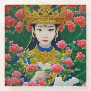  Stijl Abstract Aziatisch meisje met bloemen Glazen Onderzetter