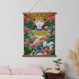 Stijl Abstract Aziatisch meisje met bloemen Hangend Wandkleed
