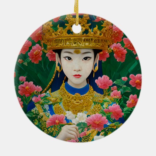  Stijl Abstract Aziatisch meisje met bloemen Keramisch Ornament (Achterkant)