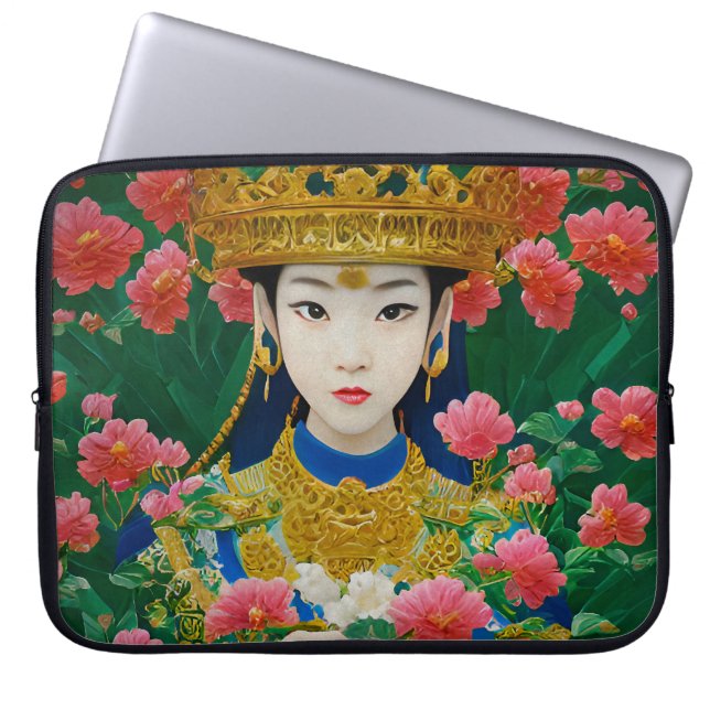  Stijl Abstract Aziatisch meisje met bloemen Laptop Sleeve (Voorkant)