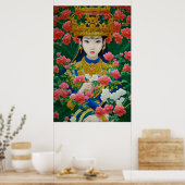  Stijl Abstract Aziatisch meisje met bloemen Poster (Keuken)