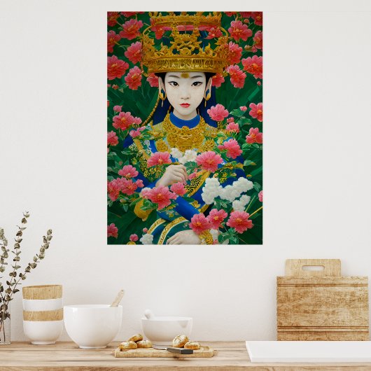  Stijl Abstract Aziatisch meisje met bloemen Poster (Keuken)