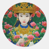  Stijl Abstract Aziatisch meisje met bloemen Ronde Sticker (Voorkant)
