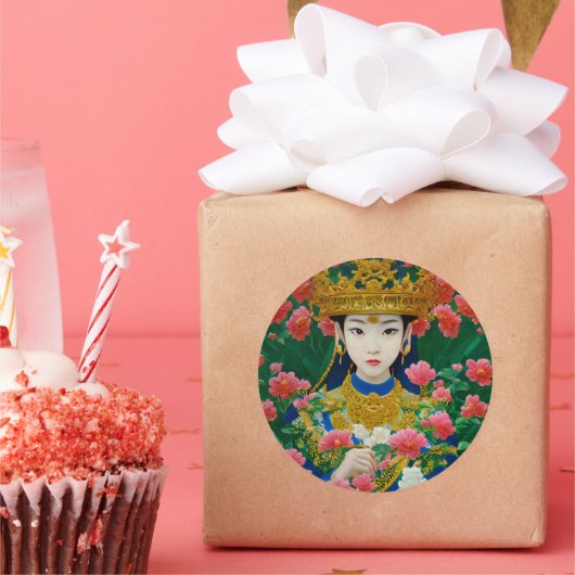  Stijl Abstract Aziatisch meisje met bloemen Ronde Sticker (Feest)