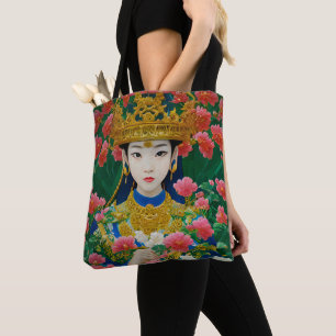  Stijl Abstract Aziatisch meisje met bloemen Tote Bag