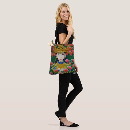  Stijl Abstract Aziatisch meisje met bloemen Tote Bag (Op model)