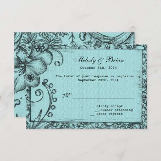 -stijl aqua blue floral bruiloft RSVP (Voorkant / Achterkant)