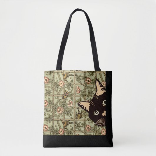  stijl Art Nouveau Funny Peeking Cat Birds Tote Bag (Voorkant)