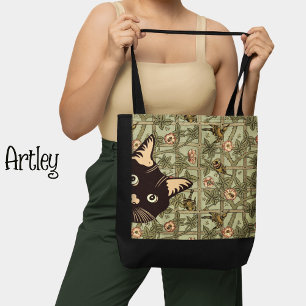  stijl Art Nouveau Funny Peeking Cat Birds Tote Bag