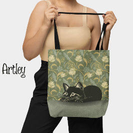  stijl Art Nouveau Rusting Black Cat Floral Tote Bag