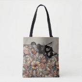  stijl Art Nouveau spelen Black Cat Floral Tote Bag (Voorkant)
