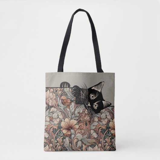  stijl Art Nouveau spelen Black Cat Floral Tote Bag (Voorkant)