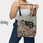  stijl Art Nouveau spelen Black Cat Floral Tote Bag