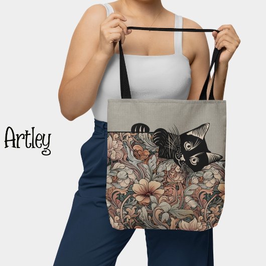  stijl Art Nouveau spelen Black Cat Floral Tote Bag