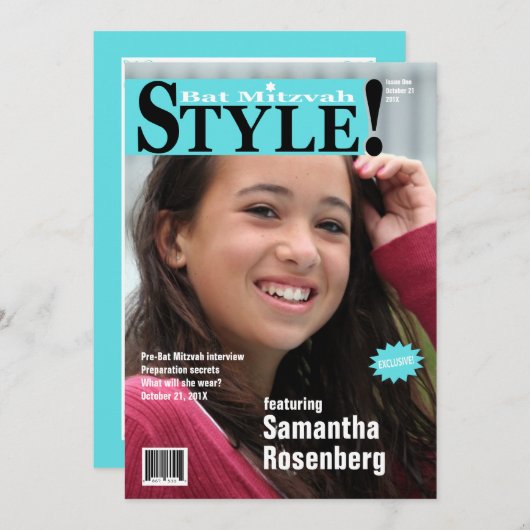 Stijl! Bat Mitzvah Magazine - Blauwgroen uitnodigi Kaart (Voorkant / Achterkant)