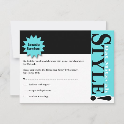 Stijl! Bat Mitzvah Magazine RSVP Reply Card Blauwg (Voorkant)