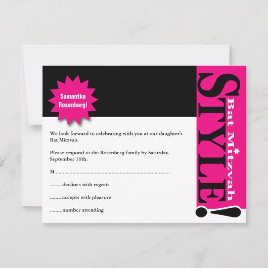 Stijl! Bat Mitzvah Magazine RSVP Reply Card Roze Kaart (Voorkant)