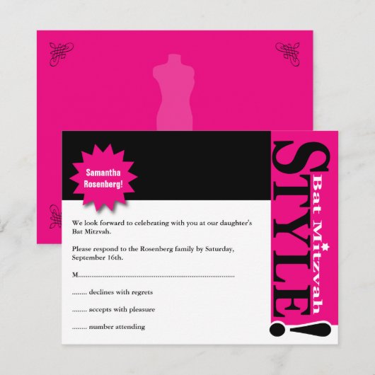 Stijl! Bat Mitzvah Magazine RSVP Reply Card Roze Kaart (Voorkant / Achterkant)