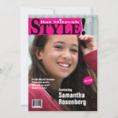 Stijl! Bat Mitzvah Magazine Uitnodiging in roze (Voorkant)