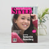 Stijl! Bat Mitzvah Magazine Uitnodiging in roze (Staand voorkant)