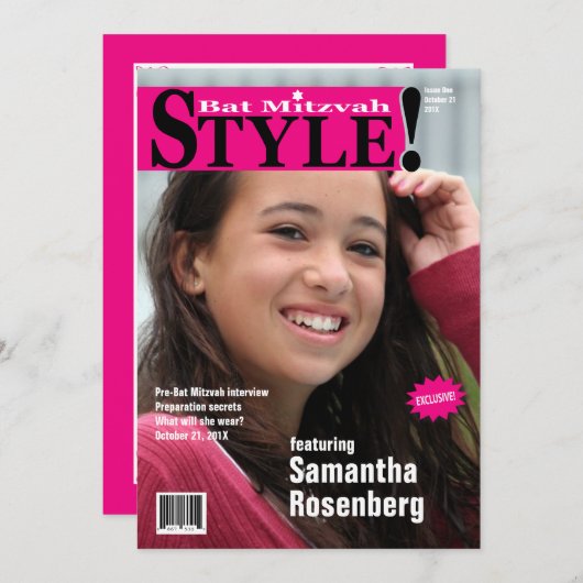 Stijl! Bat Mitzvah Magazine Uitnodiging in roze (Voorkant / Achterkant)