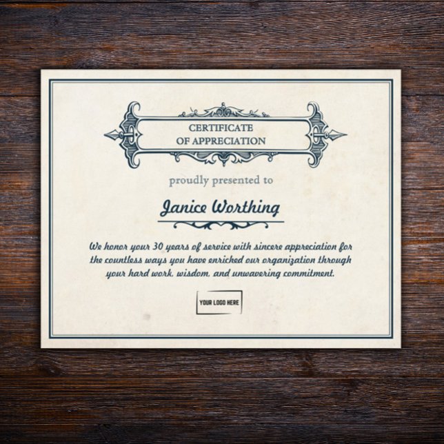 stijl bewerkbaar Employee Award-certificaat (Customizable Vintage Style Long Service Award Certificate with Logo Upload
)