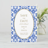 -stijl Blauw Italiaans Bruiloft Save the Date Kaart (Staand voorkant)