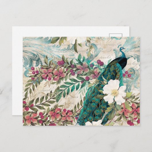 stijl Blauwgroen pacock en roze Floral Briefkaart (Voorkant / Achterkant)