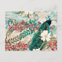 stijl Blauwgroen pacock en roze Floral Briefkaart