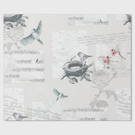  stijl. Bleke grijs. Vogels en muziek. Cadeaupapier (Vlak)