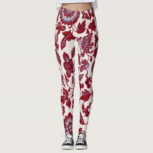  Stijl Bloemen Rood en Blauw Art Leggings (Voorkant)