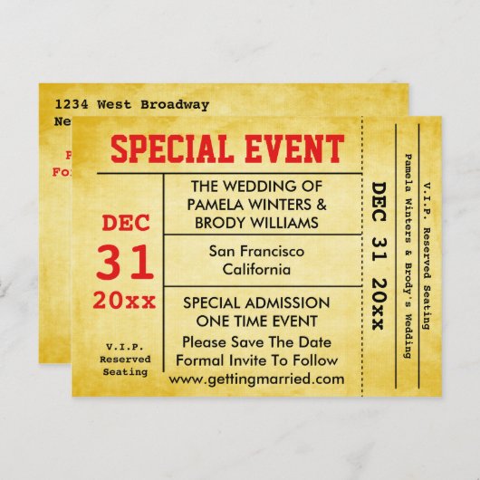  stijl bruiloft evenement Sla de datum ticket Aankondigingskaart (Voorkant / Achterkant)