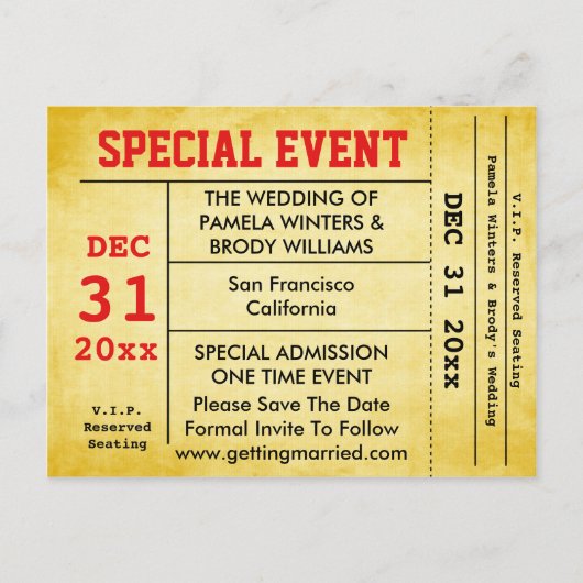 stijl bruiloft evenement Sla de datum ticket Aankondigingskaart (Voorkant)