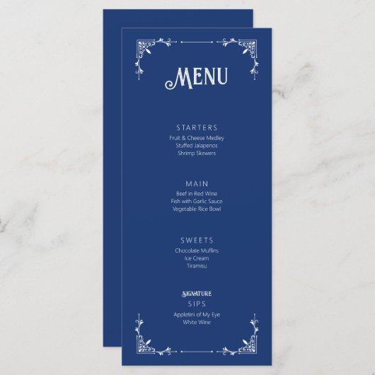  stijl bruiloft event menu platte Kaart blauw (Voorkant / Achterkant)