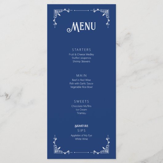 stijl bruiloft event menu platte Kaart blauw (Voorkant)