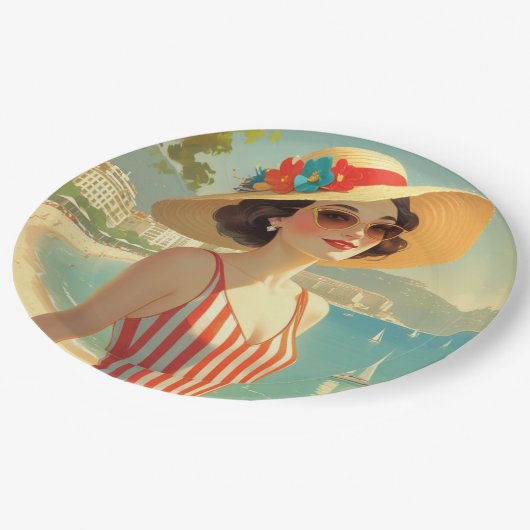  stijl Cote d'Azur Beach Girl Papieren Bordje (Gekanteld)