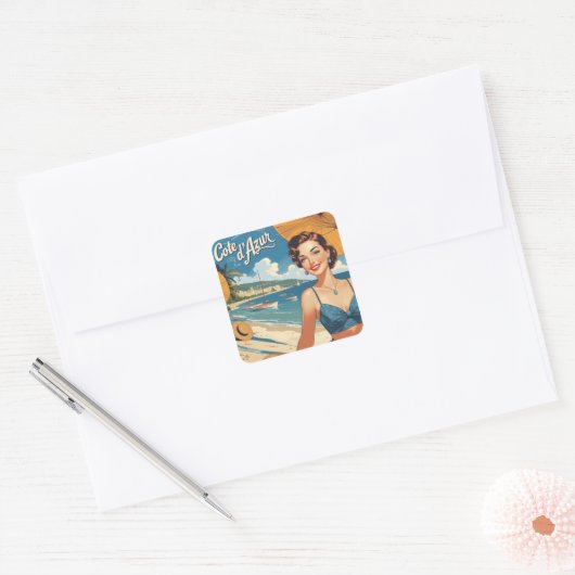  stijl Cote d'Azur Beach Girl Vierkante Sticker (Envelop)