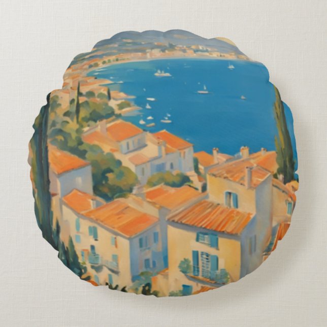  stijl Cote d'Azur Franse Reis Waterverf Rond Kussen (Voorkant)