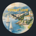 stijl Cote d'Azur Franse reizen Grote Klok<br><div class="desc">Franse en Europese reisadvertenties - strand, dorp, mensen, bomen, blauw zee en sky-illustratie</div>