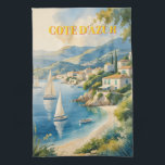 stijl Cote d'Azur Franse reizen Theedoek<br><div class="desc">Franse en Europese reisadvertenties - strand,  dorp,  mensen,  bomen,  blauw zee en sky-illustratie</div>