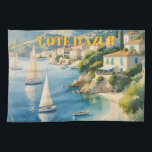 stijl Cote d'Azur Franse reizen Theedoek<br><div class="desc">Franse en Europese reisadvertenties - strand, dorp, mensen, bomen, blauw zee en sky-illustratie</div>