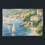 stijl Cote d'Azur Franse reizen Theedoek<br><div class="desc">Franse en Europese reisadvertenties - strand,  dorp,  mensen,  bomen,  blauw zee en sky-illustratie</div>
