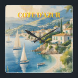 stijl Cote d'Azur Franse reizen Vierkante Klok<br><div class="desc">Franse en Europese reisadvertenties - strand, dorp, mensen, bomen, blauw zee en sky-illustratie</div>
