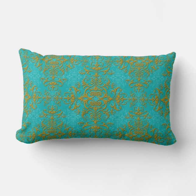  stijl Damask Turquoise Aqua Gold Pattern Kussen (Voorkant)