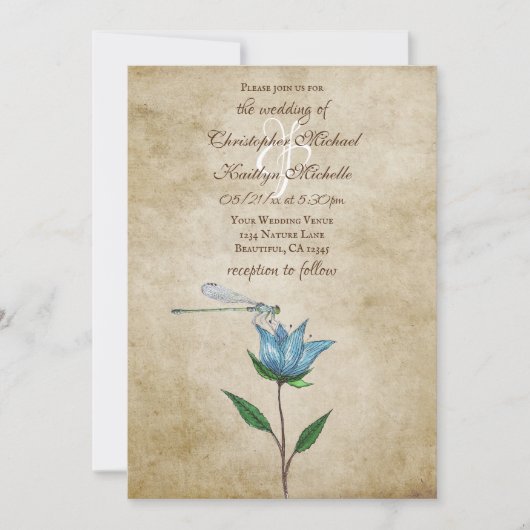 Stijl Dragonfly en Blauwe Bloemenbruiloft Kaart (Voorkant)