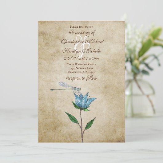 Stijl Dragonfly en Blauwe Bloemenbruiloft Kaart (Staand voorkant)